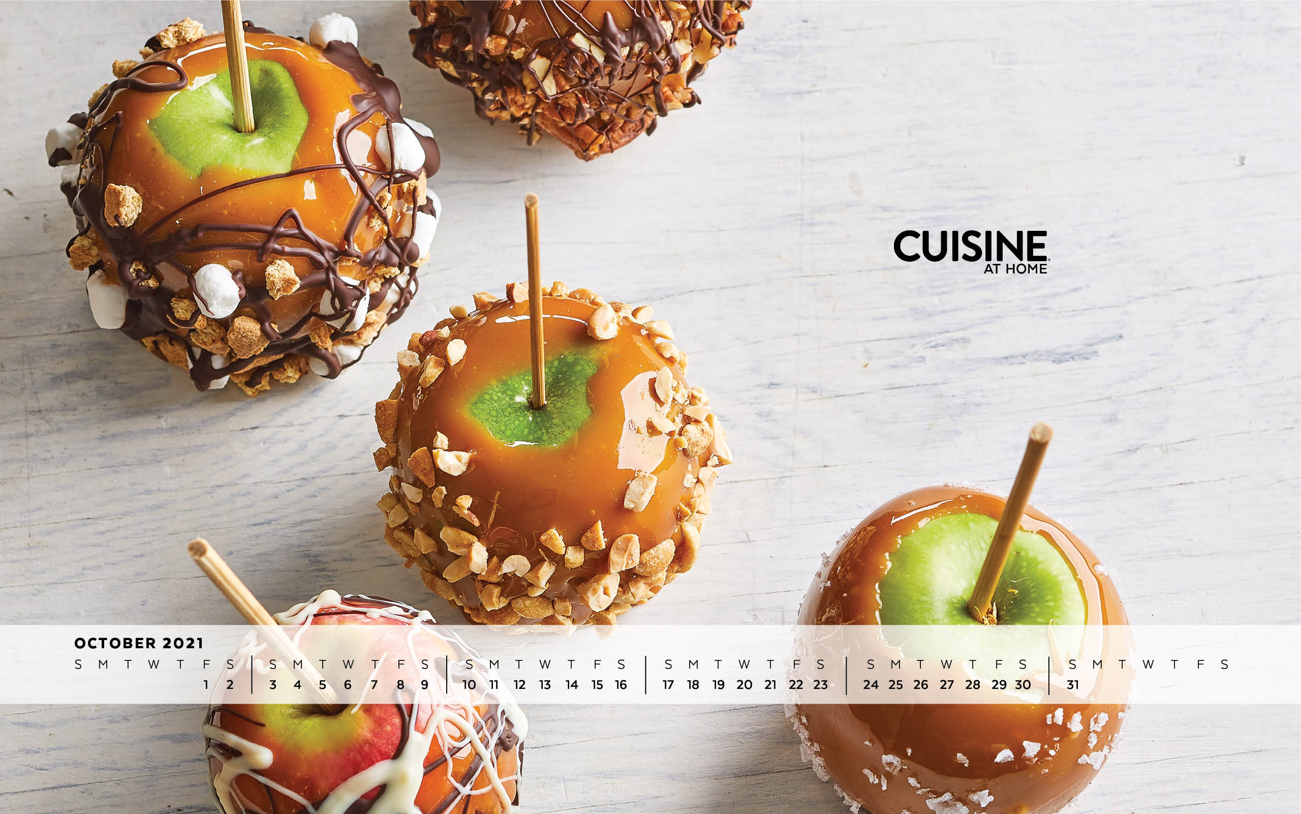 Free Desktop Wallpaper with calendar - October 2021 - Cuisine at Home - Fall aesthetic Halloween food cooking snacks treats homemade caramel apples - Windows Apple