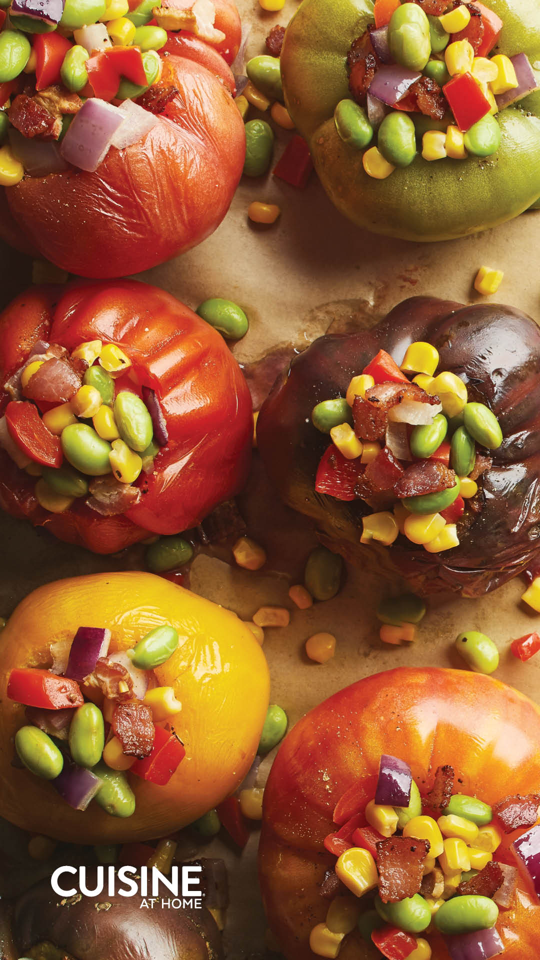 Free Mobile Wallpaper iOS iPhone Android - June 2022 - Cuisine at Home - Summer aesthetic food cooking fresh heirloom garden tomatoes stuffed succotash colorful healthy