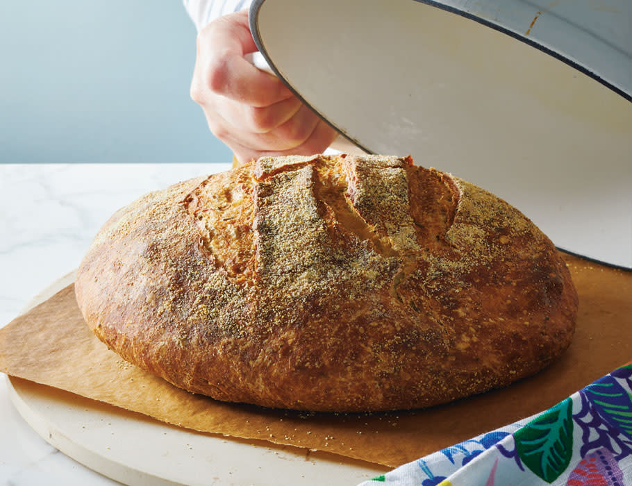 No-knead bread baked in a Dutch oven