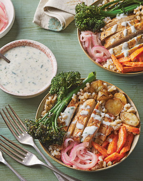 Barley & Chicken Bowls with Pickled Red Onions, Roasted Vegetables, and Kefir Ranch Dressing