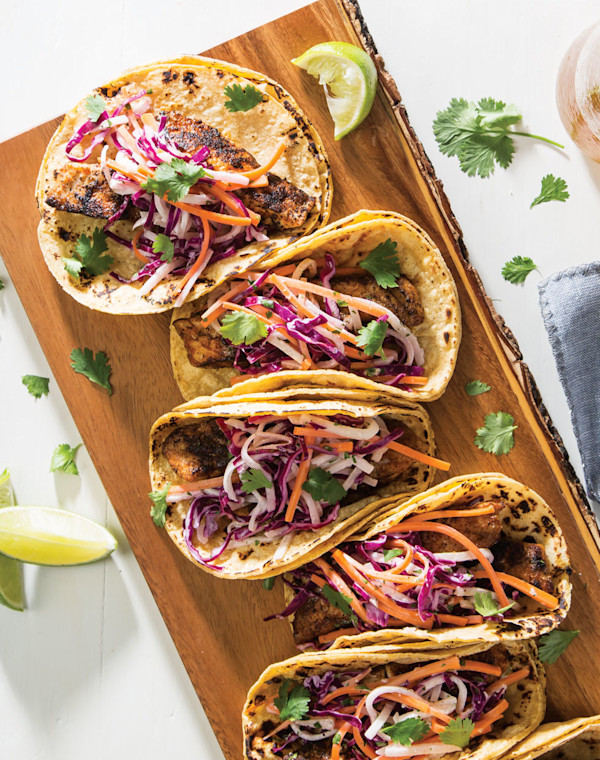 Blackened Redfish Tacos with Creamy Jicama Slaw