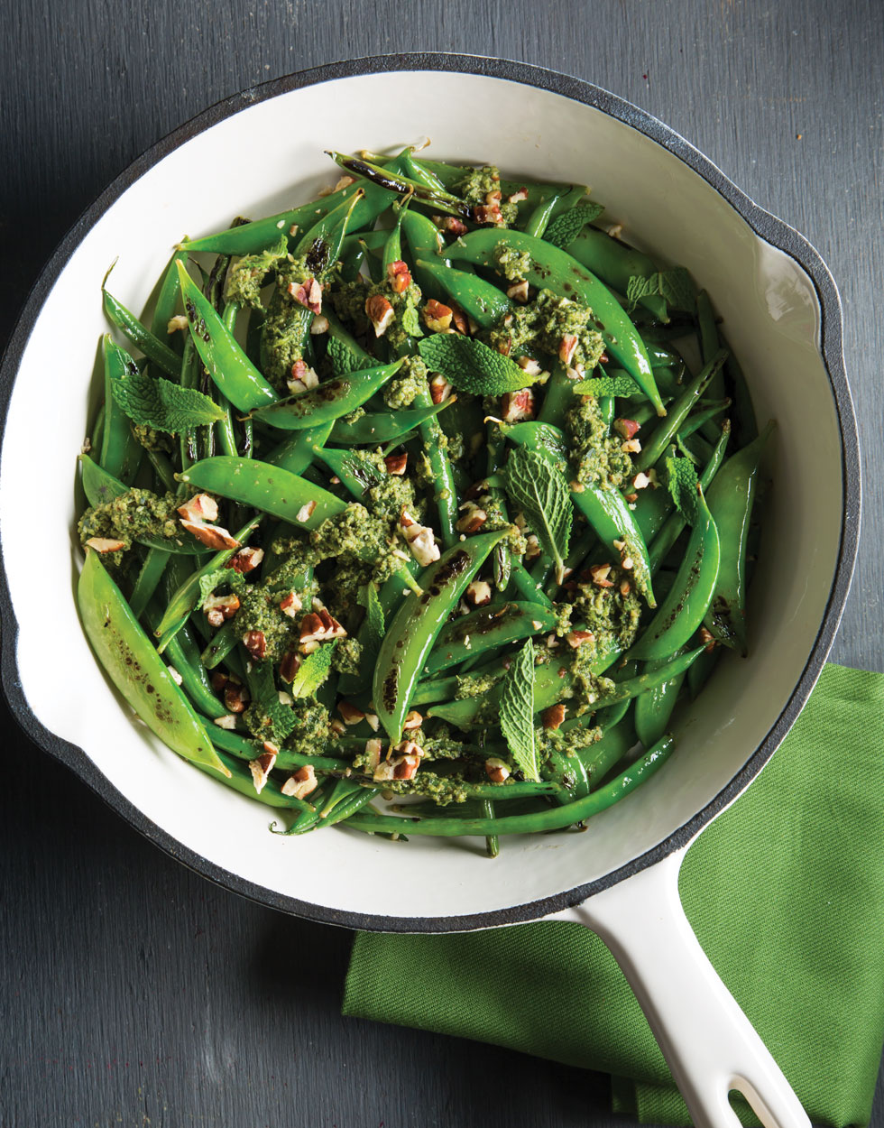Blistered Beans and Sugar Snap Peas with Arugula Pesto
