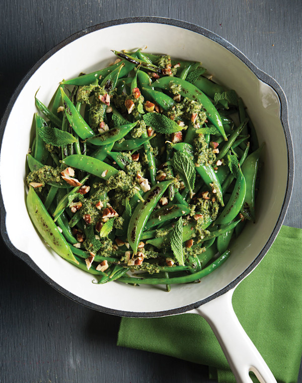 Blistered Beans and Sugar Snap Peas with Arugula Pesto