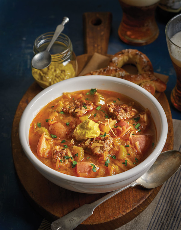 Brat & Sauerkraut Soup with Spicy Brown Mustard