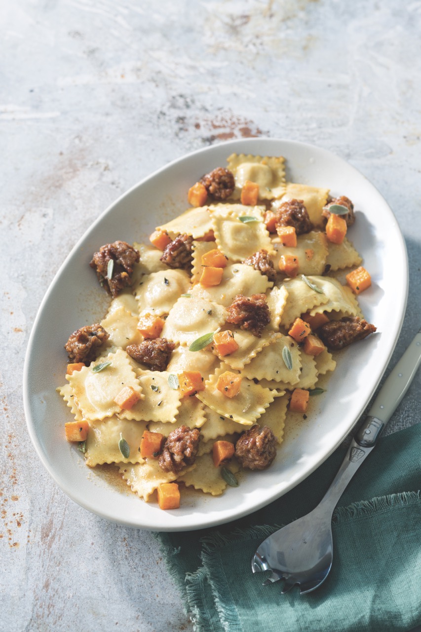 Browned Butter Ravioli with Sausage and Sweet Potatoes