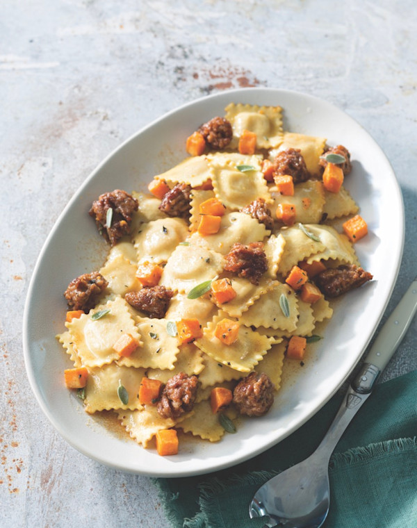 Browned Butter Ravioli with Sausage and Sweet Potatoes