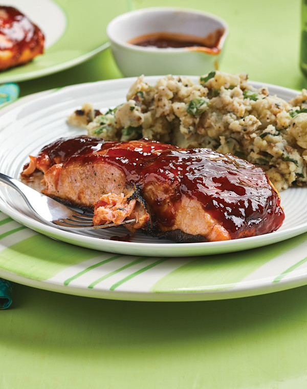 Cherry-Chipotle Grilled Salmon with grilled smashed potatoes