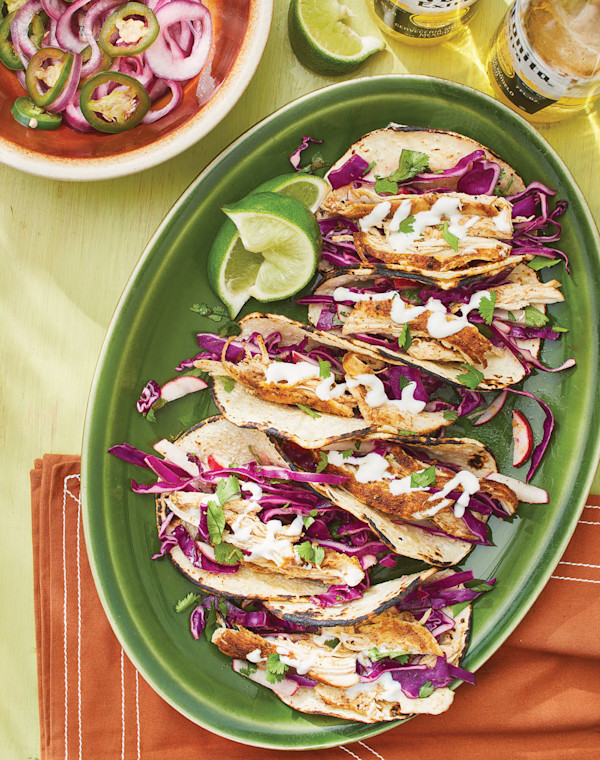 Chicken Street Tacos with Red Cabbage Slaw & Lime-Pickled Onions