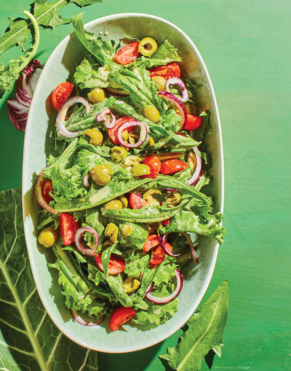 Dandelion & Mustard Greens Salad with creamy lemon vinaigrette
