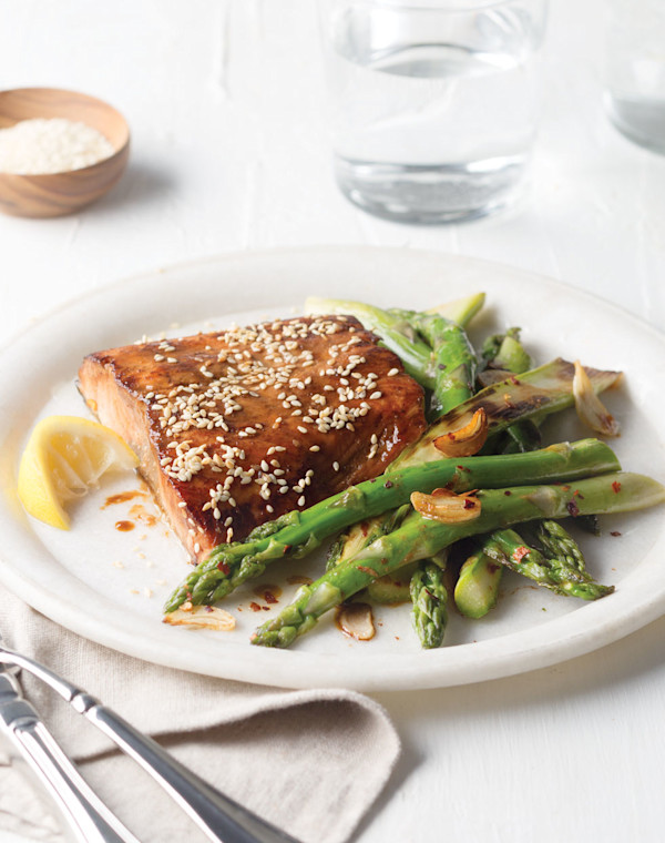 Hoisin-Glazed Salmon with Spicy Garlic Asparagus