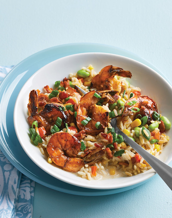 Honey-Tabasco Shrimp with bacon-succotash rice