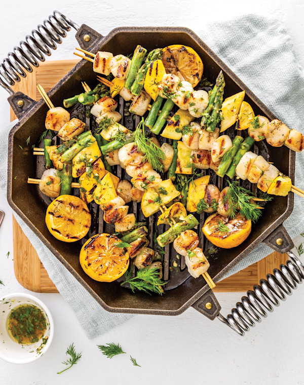 Lemon-Dill Scallop, Asparagus, and Squash Kabobs