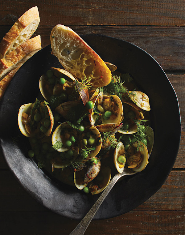 Manila Clams with Peas and Green Garlic