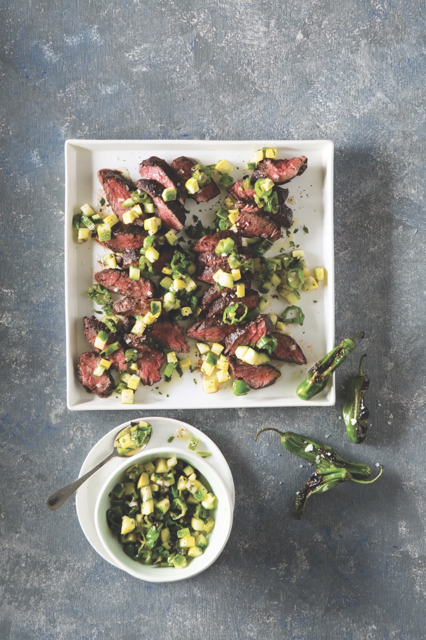Seared Hanger Steak with Summer Squash and Shishito Pepper Salsa