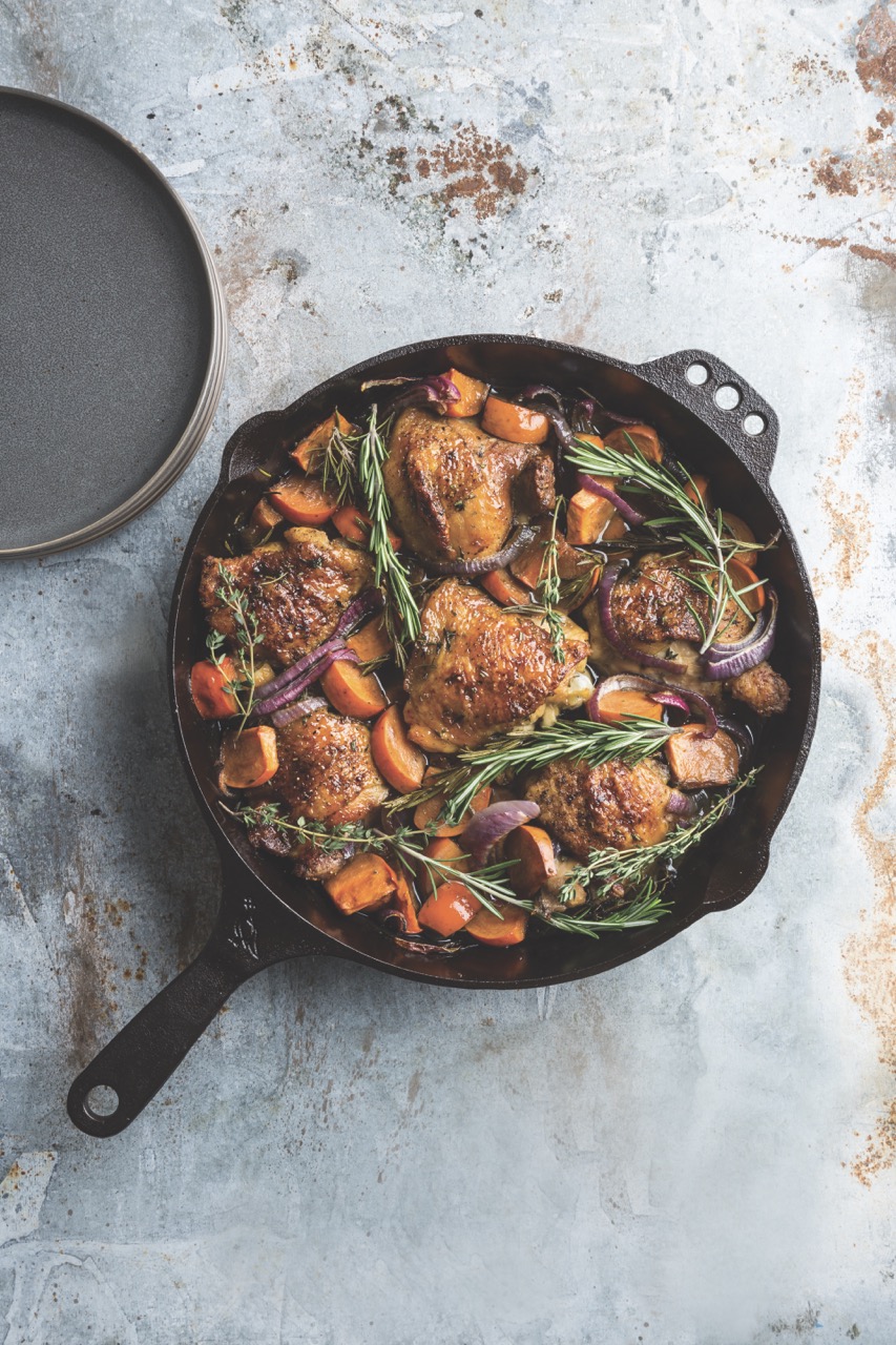 Roasted Chicken Thighs with Persimmons & Red Onion