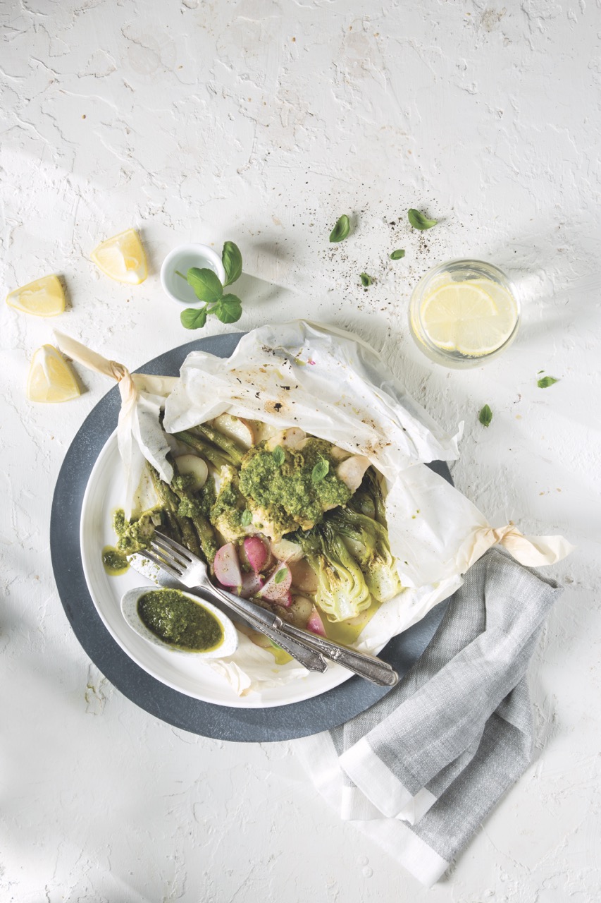 Spring Vegetables with Pesto Chicken