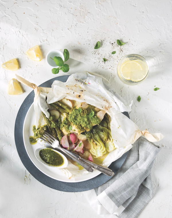 Spring Vegetables with Pesto Chicken