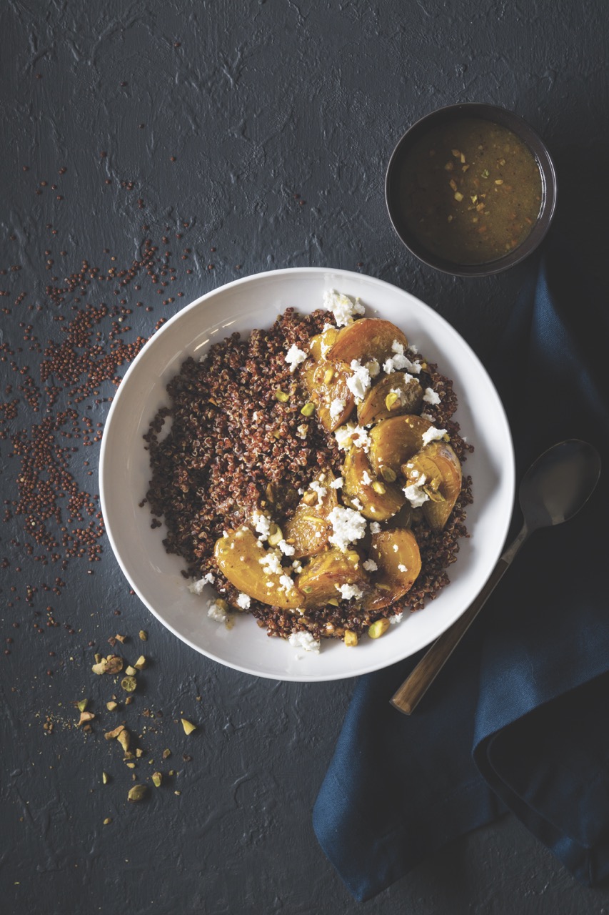 Red Quinoa with Roasted Golden Beets, Crumbled Goat Cheese, and Pistachio Vinaigrette