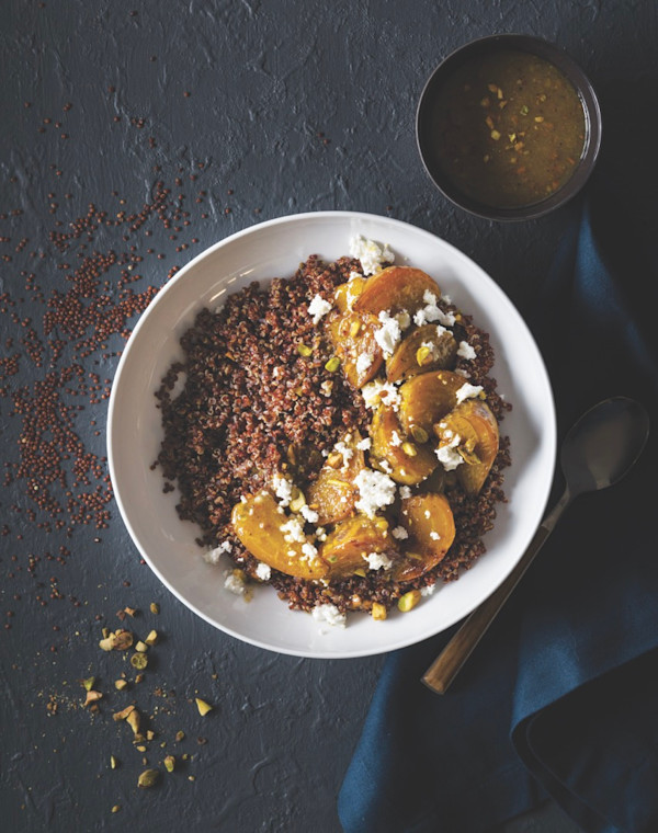 Red Quinoa with Roasted Golden Beets, Crumbled Goat Cheese, and Pistachio Vinaigrette