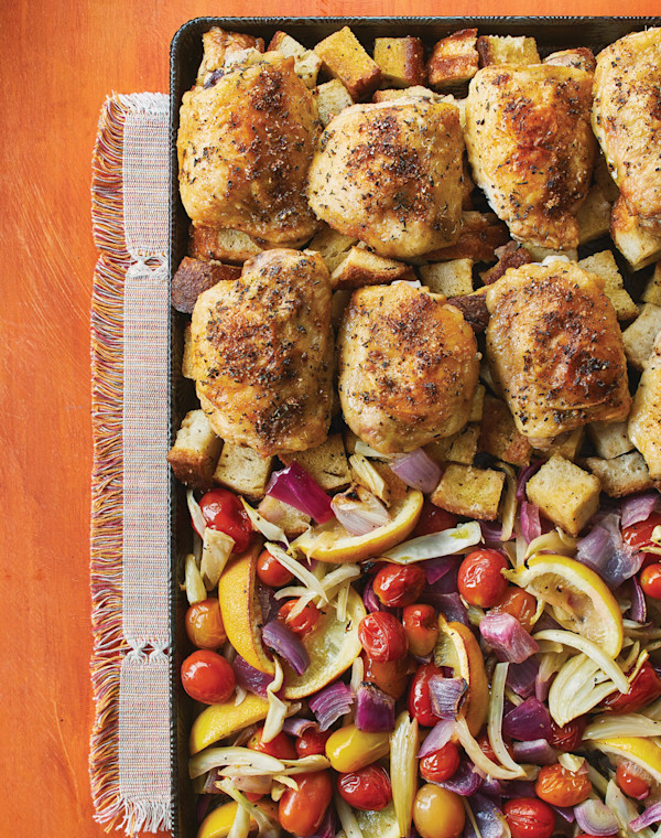 Roasted Chicken Thighs with Croutons & Veggies