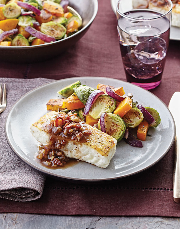 Sautéed Halibut with Bacon-Praline Sauce