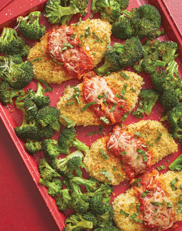 Sheet Pan Chicken Parmesan with broccoli florets