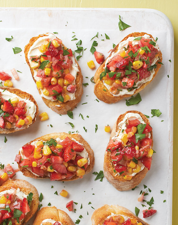 Sweet Corn Bruschetta with strawberries & tomatoes