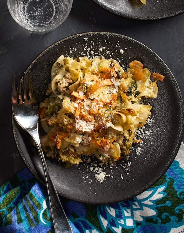 Tuna Noodle Casserole with artichokes and spinach