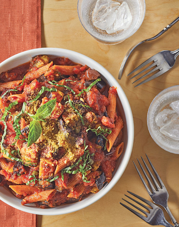 Vegan Penne alla Norma with miso & dulse